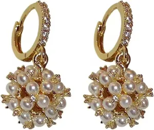 Flower Pearl Hoop Earrings Gold Plated Elegant Shell Pearls Ball Cluster Chic Crystal Rhinestone Small Dangle Drop Earrings for Women Wedding Bridal Birthday Christmas Party Holiday Trendy Jewelry Gifts