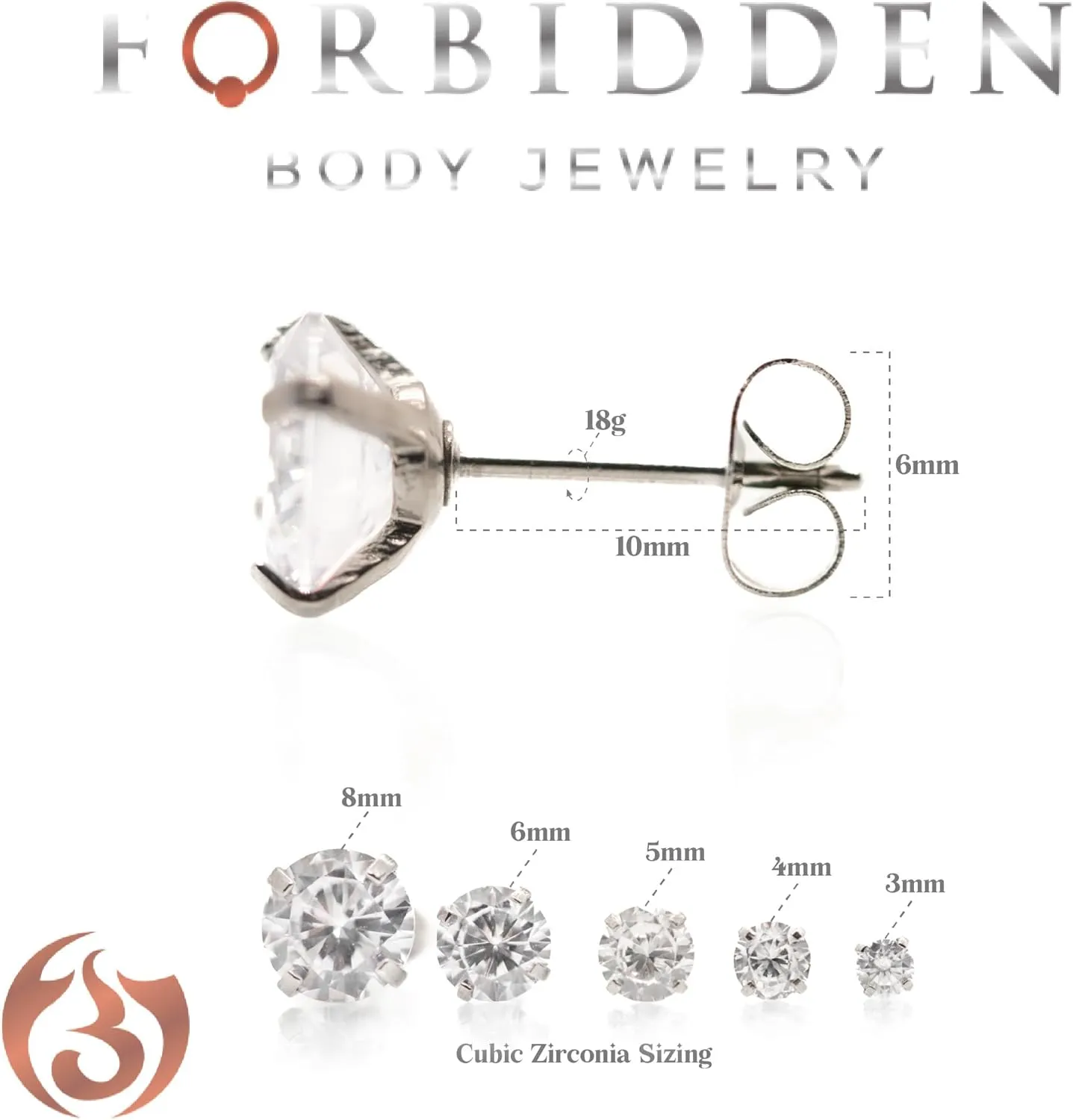 Forbidden Body Jewelry Cubic Zirconia Stud Earrings for Women, 5 Pairs, Hypoallergenic Stainless Steel CZ, 3mm to 8mm, Silver, Rose Gold, or Gold Tone Sets Available