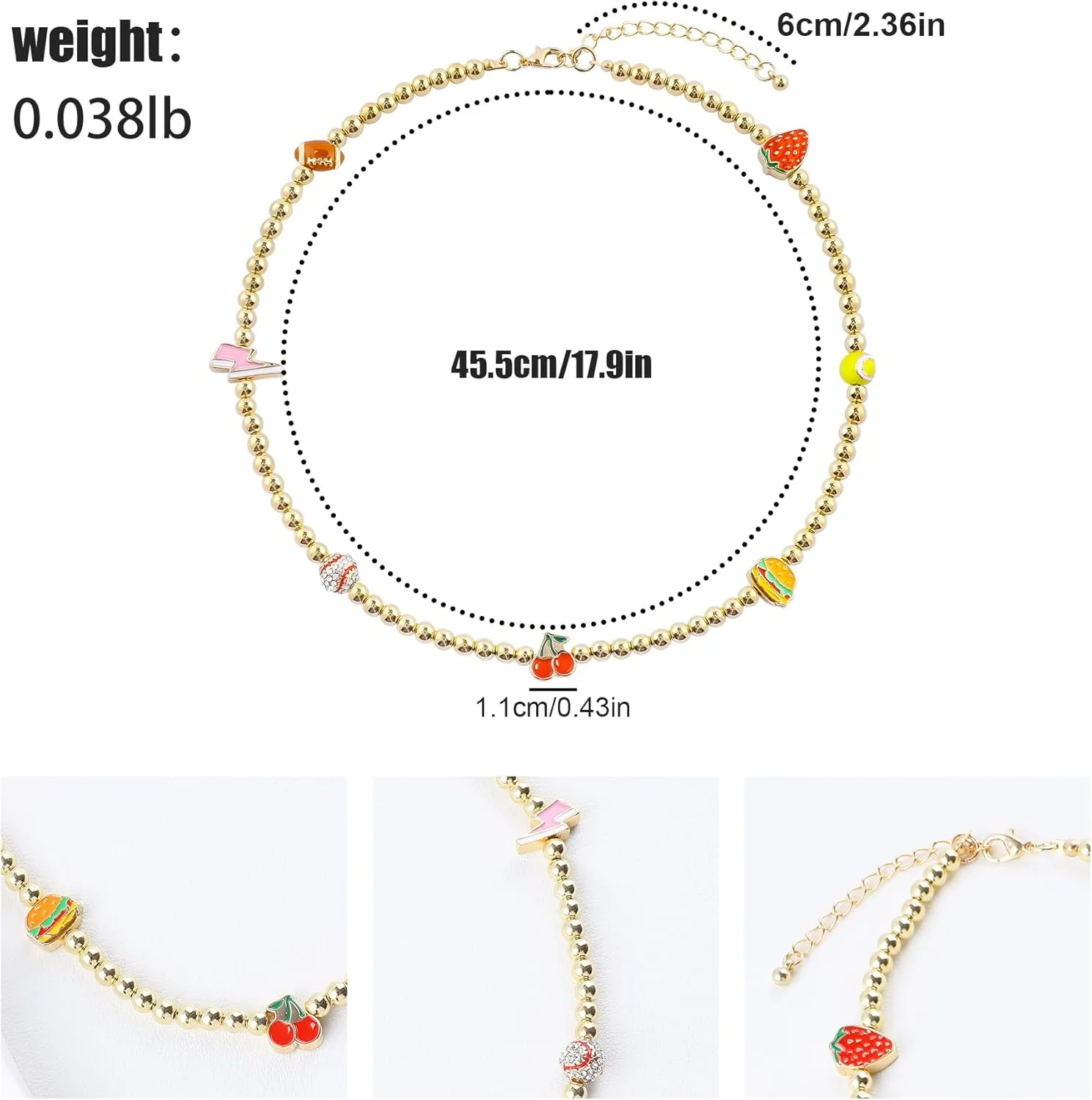 Four-leaf Clover Cherry Lightning Hamburg Lemon Bow Mushrooms Laser Ball Cowboy Hat Dice Bead Choker Necklace for Women,18K Gold Plated CZ Necklace Jewelry Gift for Birthday Valentine Graduation