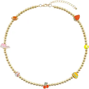 Four-leaf Clover Cherry Lightning Hamburg Lemon Bow Mushrooms Laser Ball Cowboy Hat Dice Bead Choker Necklace for Women,18K Gold Plated CZ Necklace Jewelry Gift for Birthday Valentine Graduation