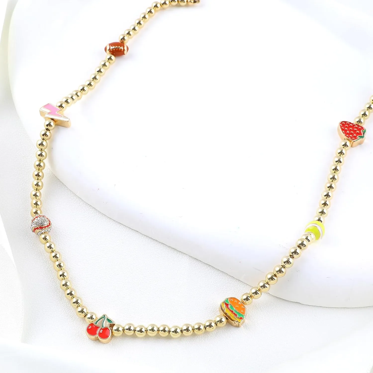 Four-leaf Clover Cherry Lightning Hamburg Lemon Bow Mushrooms Laser Ball Cowboy Hat Dice Bead Choker Necklace for Women,18K Gold Plated CZ Necklace Jewelry Gift for Birthday Valentine Graduation