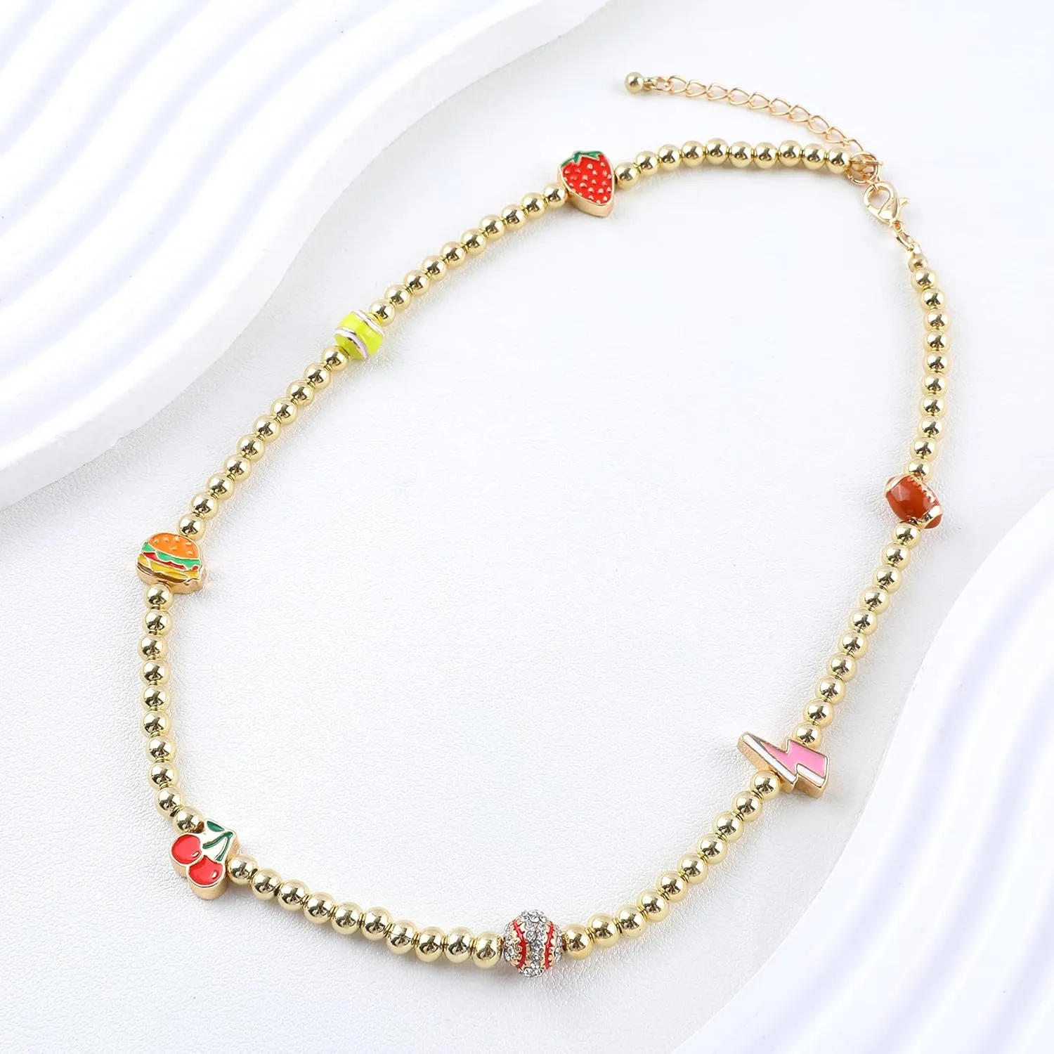 Four-leaf Clover Cherry Lightning Hamburg Lemon Bow Mushrooms Laser Ball Cowboy Hat Dice Bead Choker Necklace for Women,18K Gold Plated CZ Necklace Jewelry Gift for Birthday Valentine Graduation