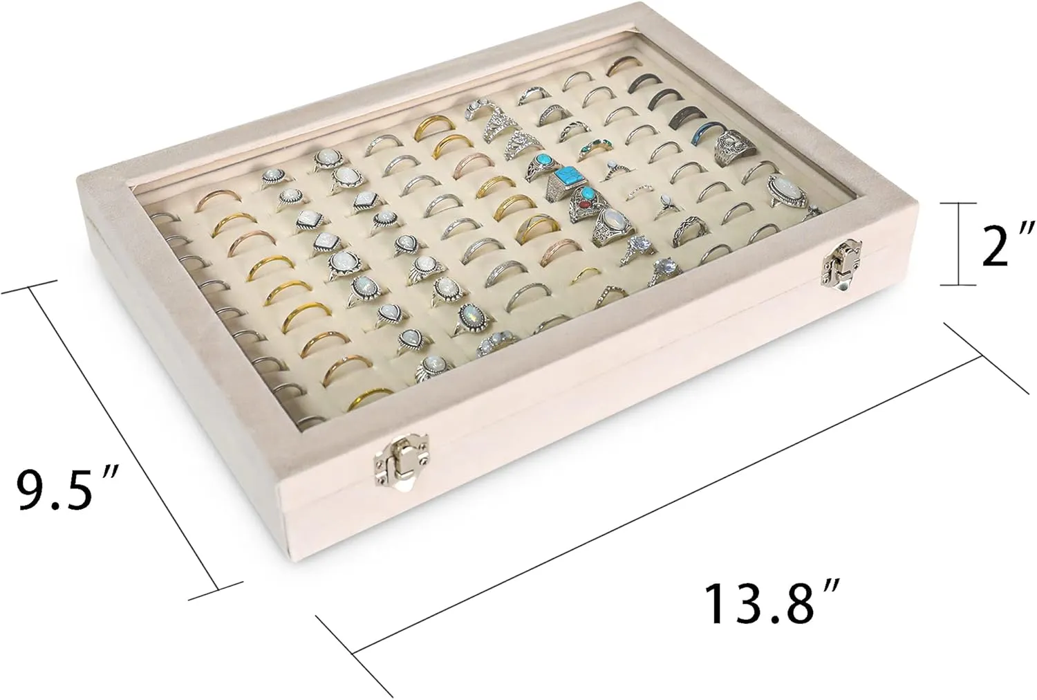 Frebeauty Ring Organizer Tray 100 Slots Ring Holder with Clear Lid Velvet Ring Storage Box Ring Tray for Jewelry Store Ring Display Case for Jewelry Show Ring Box for Women(Beige)