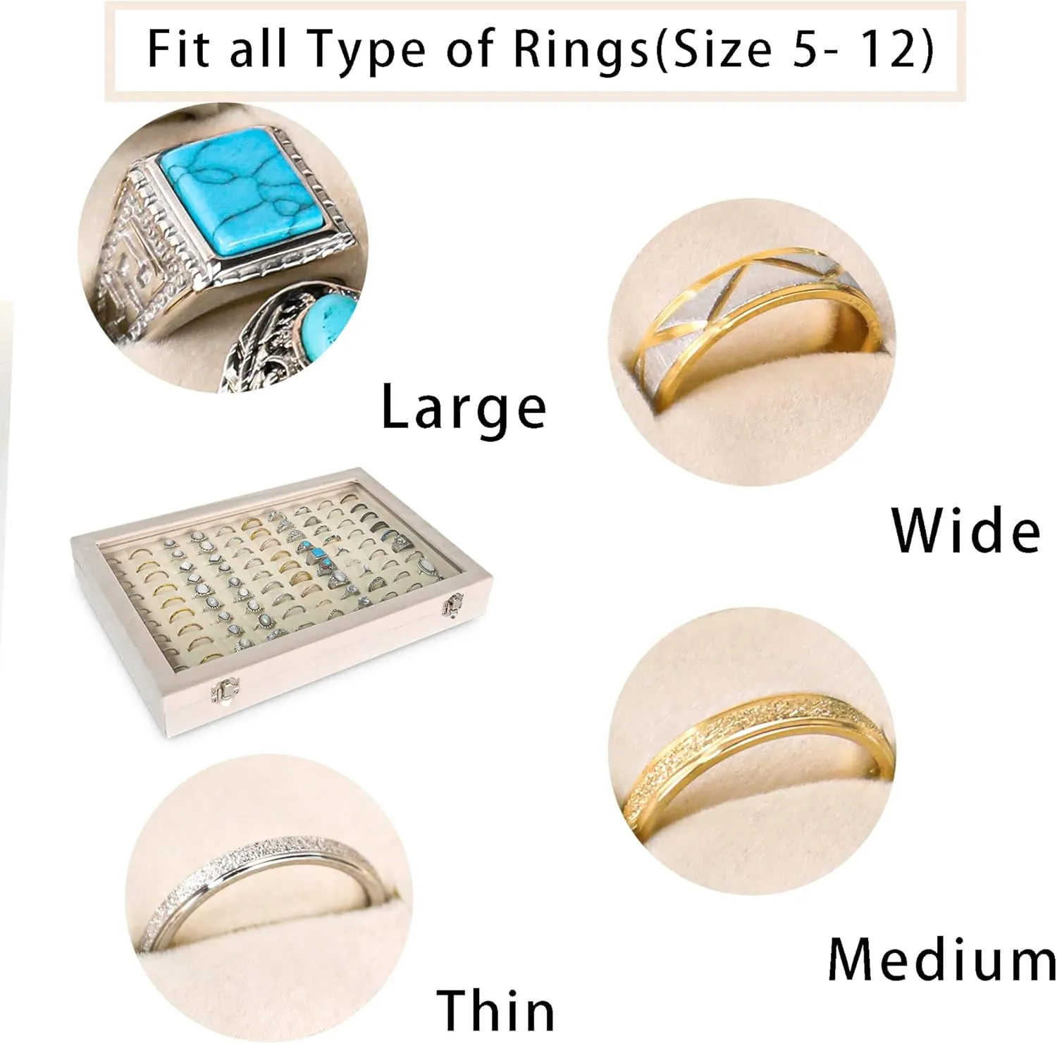 Frebeauty Ring Organizer Tray 100 Slots Ring Holder with Clear Lid Velvet Ring Storage Box Ring Tray for Jewelry Store Ring Display Case for Jewelry Show Ring Box for Women(Beige)