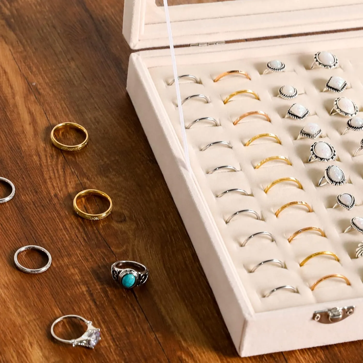 Frebeauty Ring Organizer Tray 100 Slots Ring Holder with Clear Lid Velvet Ring Storage Box Ring Tray for Jewelry Store Ring Display Case for Jewelry Show Ring Box for Women(Beige)