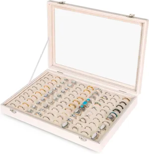 Frebeauty Ring Organizer Tray 100 Slots Ring Holder with Clear Lid Velvet Ring Storage Box Ring Tray for Jewelry Store Ring Display Case for Jewelry Show Ring Box for Women(Beige)