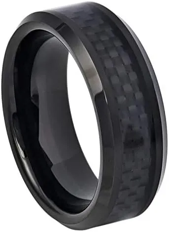 Free Personalized laser engraving Ring for Men and Ring for Women Ceramic Band Rings 8mm Black Carbon Fiber Inlay Wedding Band Ring Ideal Rings for couples/Ring For Engagement