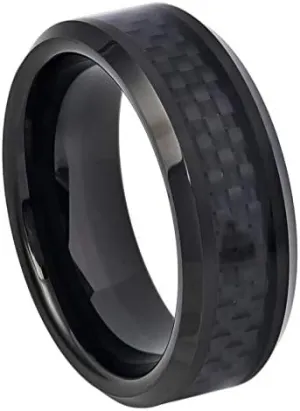 Free Personalized laser engraving Ring for Men and Ring for Women Ceramic Band Rings 8mm Black Carbon Fiber Inlay Wedding Band Ring Ideal Rings for couples/Ring For Engagement