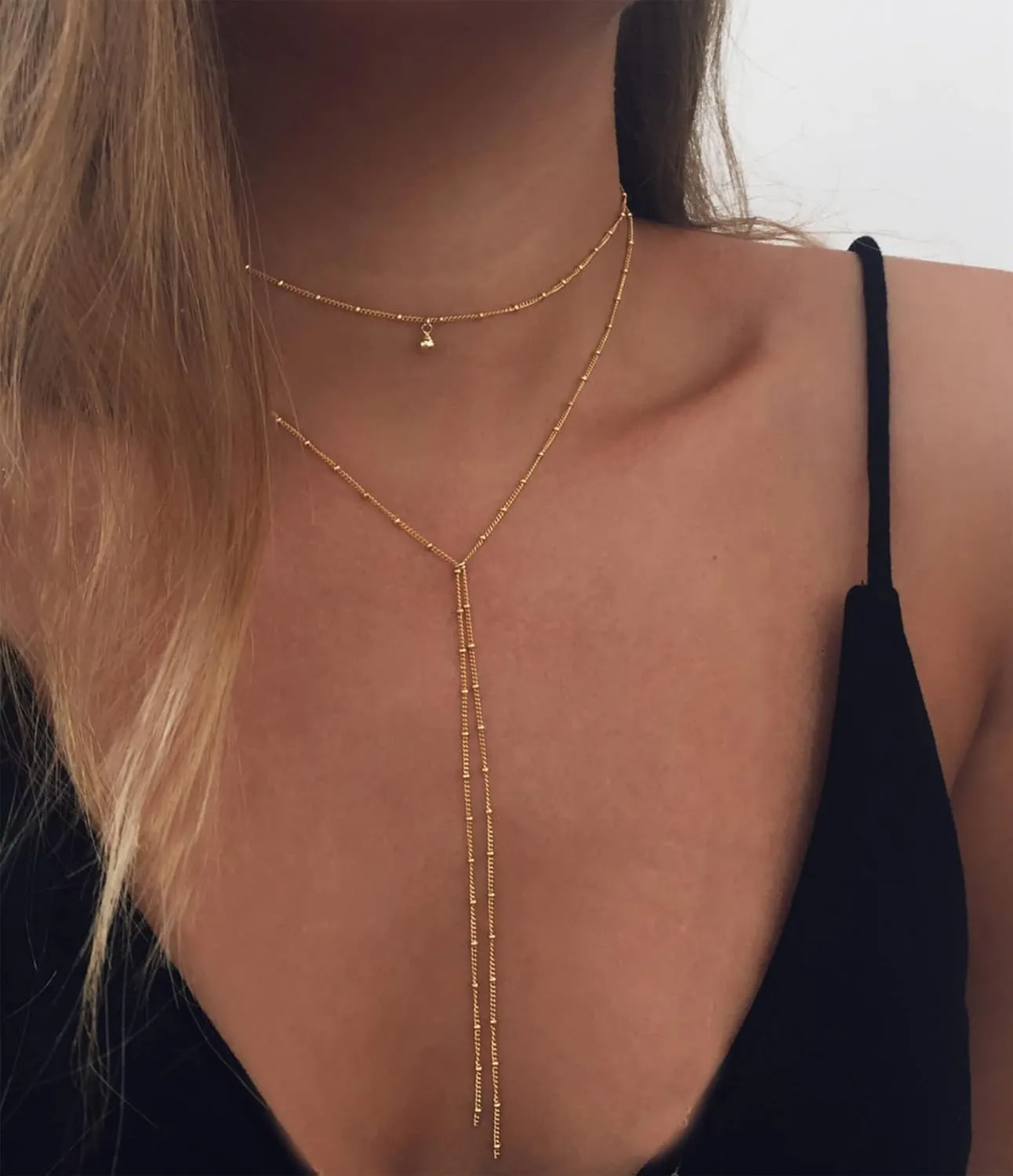 FUTIMELY Dainty Long Necklace for Women CZ Pearl Glitter Teardrop Pendant Necklace Layered Lariat Y-Shaped Gold Necklace for Women Chain Jewelry Gift Wedding