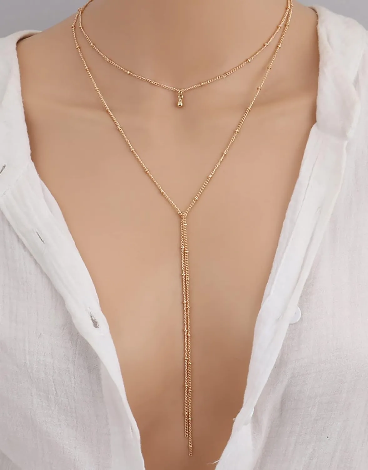 FUTIMELY Dainty Long Necklace for Women CZ Pearl Glitter Teardrop Pendant Necklace Layered Lariat Y-Shaped Gold Necklace for Women Chain Jewelry Gift Wedding
