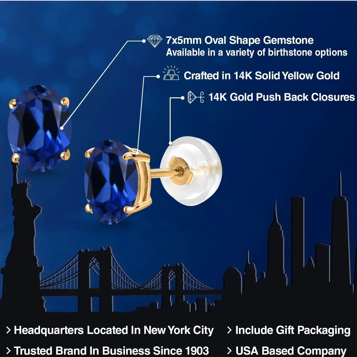 Gem Stone King 14K Yellow Gold Gemstone Birthstone Stud Earrings for Women and Men | Oval 7X5MM | Fine Gold Jewelry for Her or Him