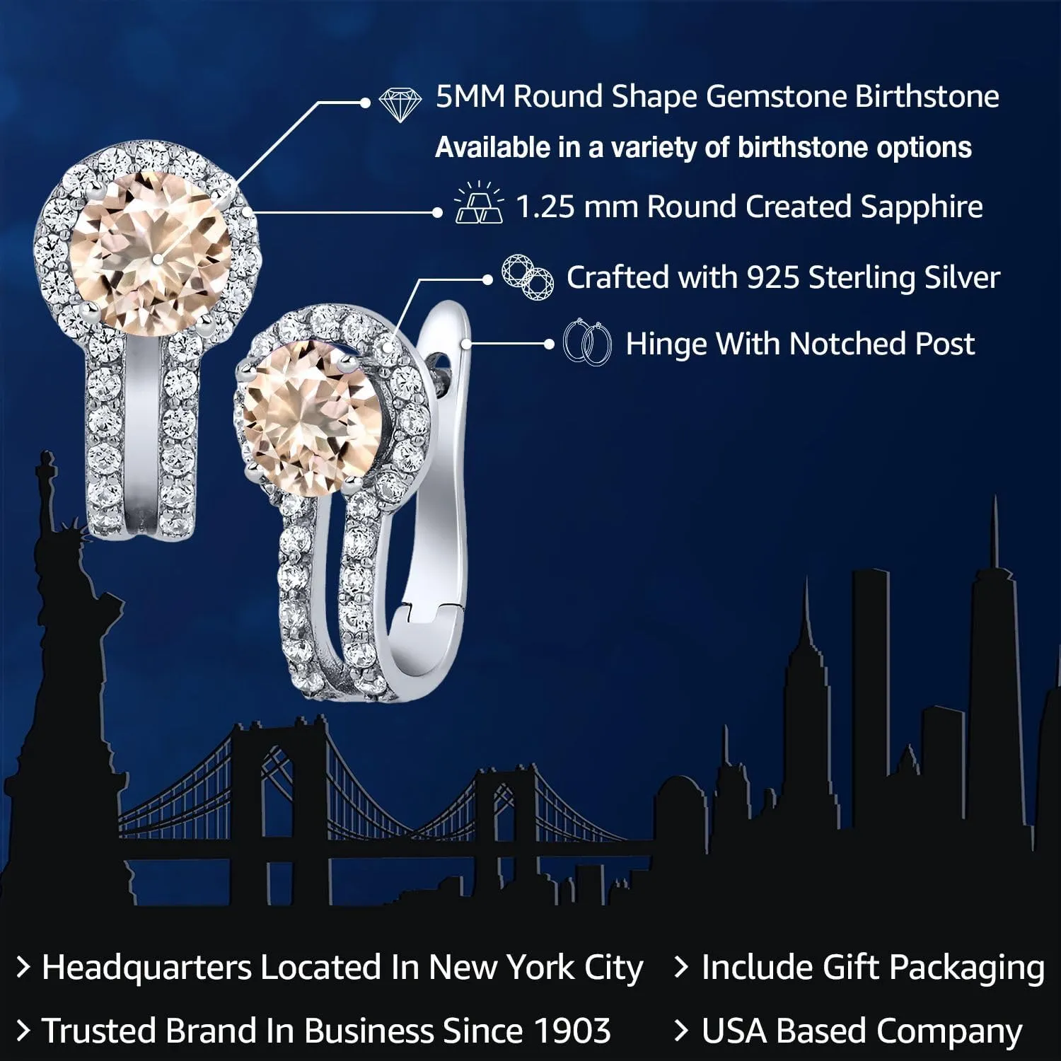 Gem Stone King 5MM Round French Clip Clasp Hook Earring For Women | 925 Sterling Silver | Gemstone Birthstone and White Created Sapphire Earrings | Fine Jewelry Gifts for Her Mom Women Wife