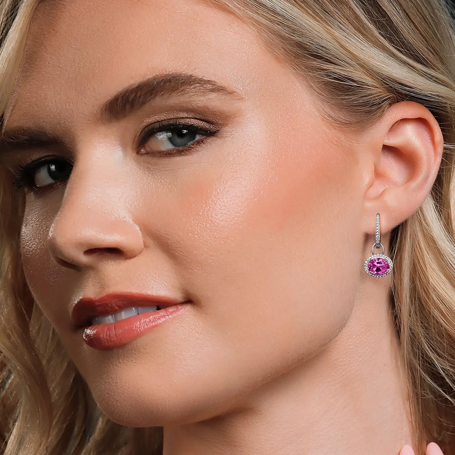 Gem Stone King 925 Sterling Silver Gemstone Birthstone Halo Leverback Earrings | Oval 9X7MM | Drop Dangle Earrings for Women | Fine Jewelry Gifts for Her Mom Women Wife