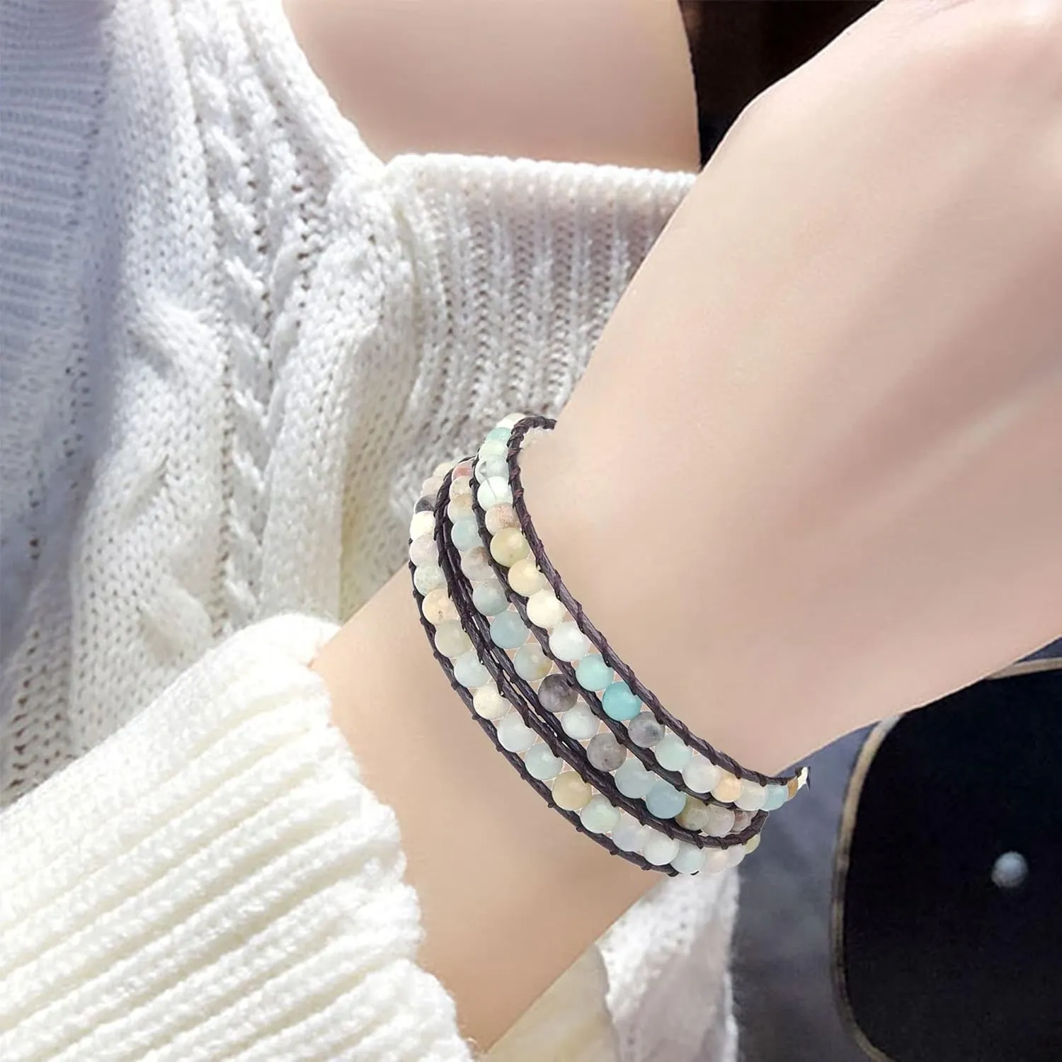 Genuine Stone Wrap Bracelets for Women Natural Crystal Beaded Wrap Bracelet 2/3/5 Adjustable Bohemian Bracelets Jewelry Gifts for Women Mom