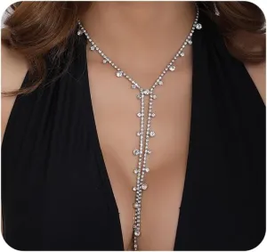 GIGB PBDK Bling Rhinestone Choker Necklaces,Long Silver Crystal Body Chain Necklace for Women Trendy Gold Lariat Necklace,Fancy Wedding Party Accessories Gifts