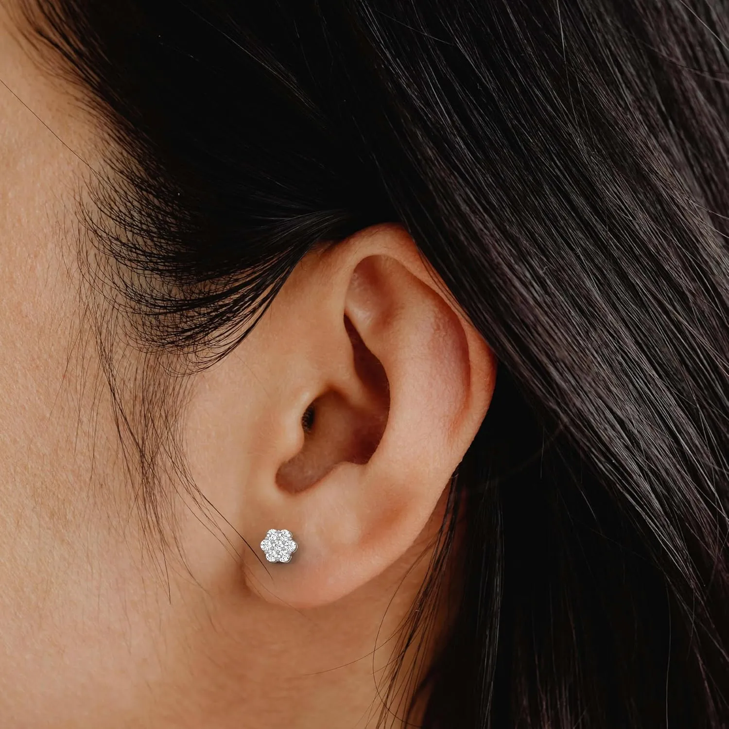 Gilded 7-Stone Flower shaped Lab-Grown Diamond stud Earrings, F Color SI1, Sterling Silver & 14K Gold Plated Silver, Prong Setting, Push Back