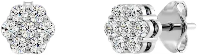 Gilded 7-Stone Flower shaped Lab-Grown Diamond stud Earrings, F Color SI1, Sterling Silver & 14K Gold Plated Silver, Prong Setting, Push Back