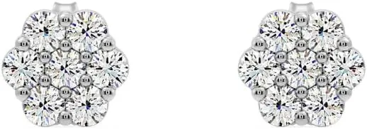 Gilded 7-Stone Flower shaped Lab-Grown Diamond stud Earrings, F Color SI1, Sterling Silver & 14K Gold Plated Silver, Prong Setting, Push Back