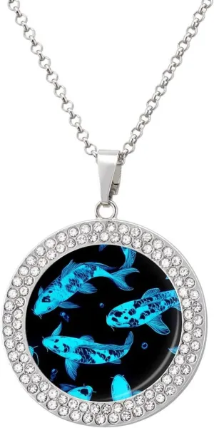 Glow in The Dark Fish Diamond Round Pendant Halo Necklace Trendy Jewelry Alloy Circle Pendant