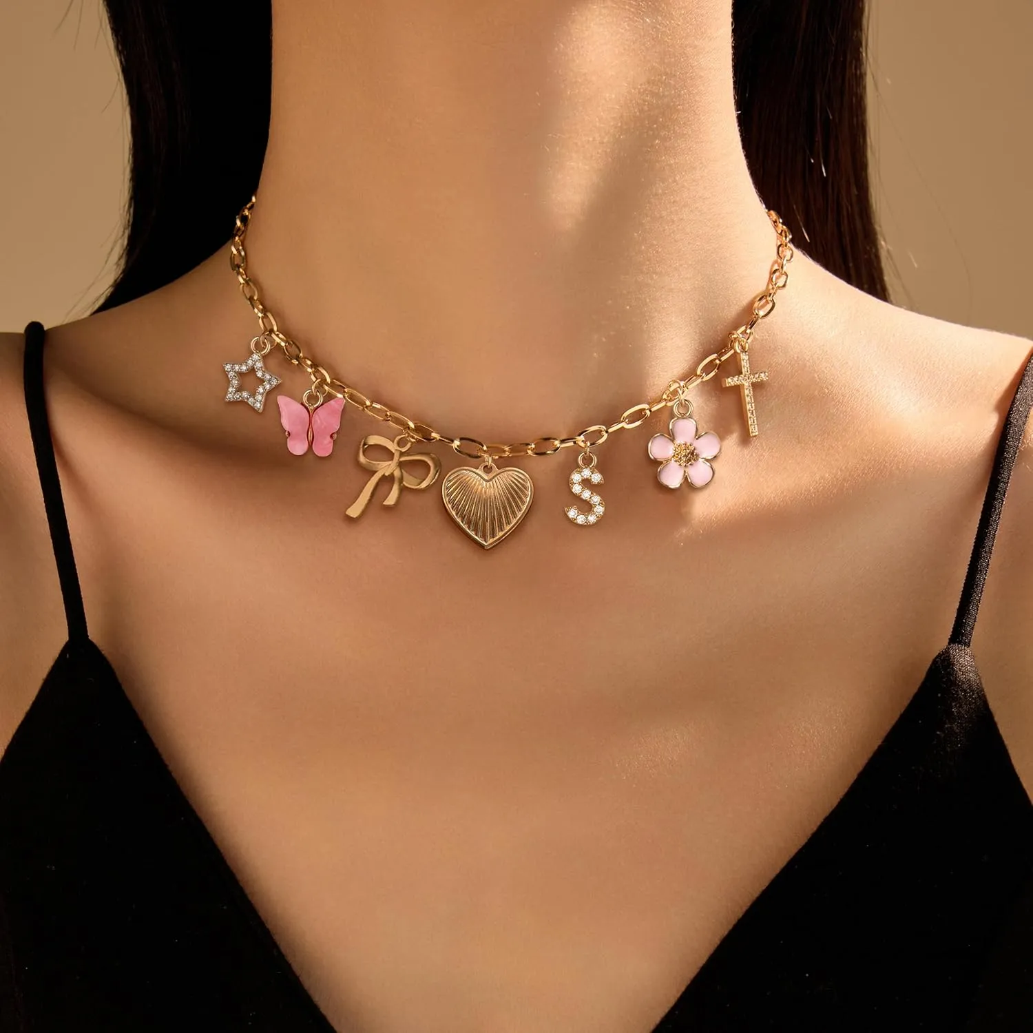 Gold Charm Necklace Initial Necklaces for Women Trendy Stuff Puffy Heart Bow Cross Butterfly Star Flower Charms Necklace Beach Vacation Essentials