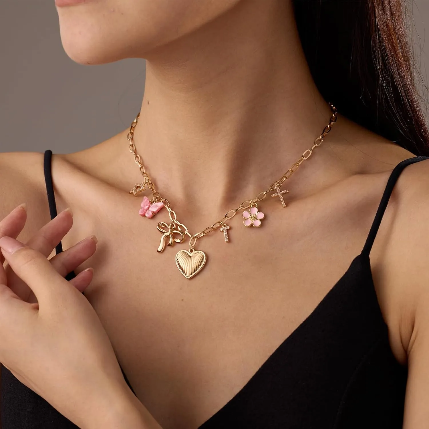 Gold Charm Necklace Initial Necklaces for Women Trendy Stuff Puffy Heart Bow Cross Butterfly Star Flower Charms Necklace Beach Vacation Essentials