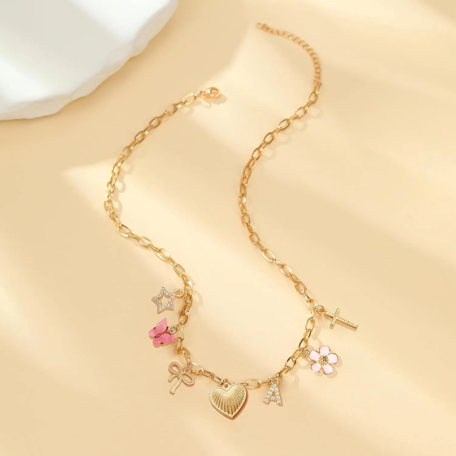 Gold Charm Necklace Initial Necklaces for Women Trendy Stuff Puffy Heart Bow Cross Butterfly Star Flower Charms Necklace Beach Vacation Essentials