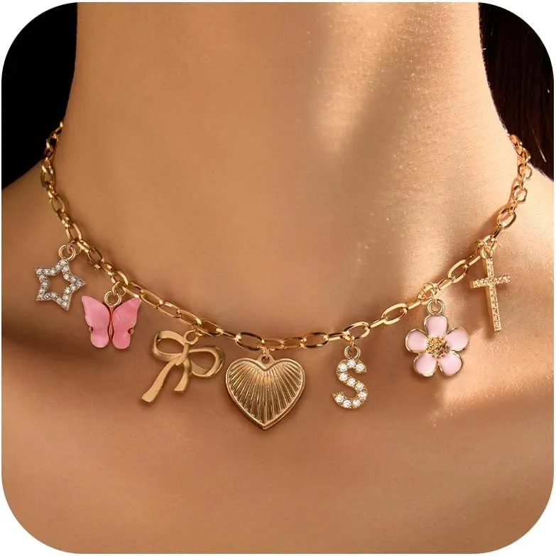 Gold Charm Necklace Initial Necklaces for Women Trendy Stuff Puffy Heart Bow Cross Butterfly Star Flower Charms Necklace Beach Vacation Essentials