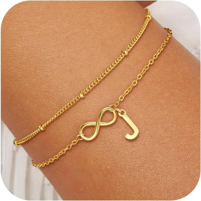 Gold Initial Bracelets for Women Girls - 18K Gold Plated Heart Infinity Bracelet Dainty Gold Bracelets for Women Teen Girl Gifts Trendy Stuff