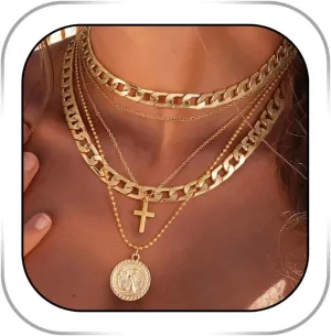 Gold Layered Necklace for Women Vintage Coin Pendant Necklace Trendy Punk Necklaces Religious Jewelry for Holiday