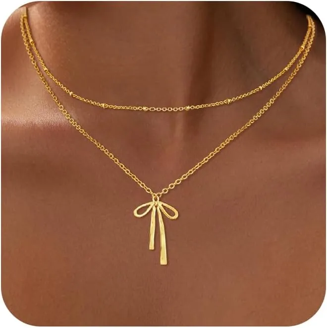 Gold Necklace for Women Trendy, Dainty Gold Bow Necklace 14K Gold Plated Necklace Cute Bow Pendant Necklace Simple CZ Bead Bow Chain Choker Necklaces for Women Gold Jewelry Christmas Gifts