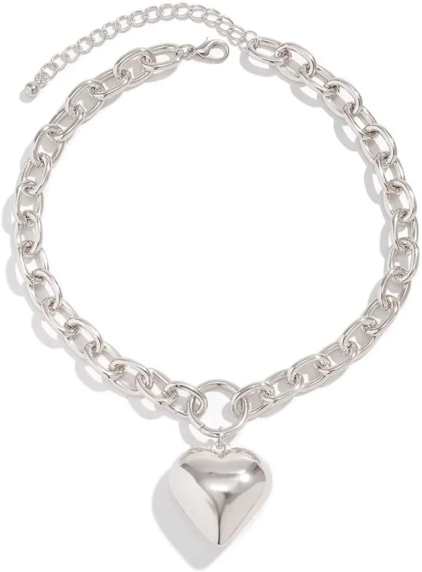Gold Plated Y2K Big Heart Pendant Necklace for Women Chunky Love Heart Choker Necklace Trendy Jewelry Summer Necklaces