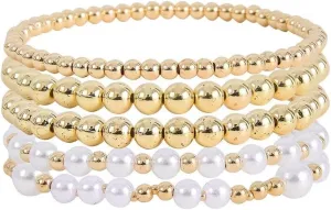 Gold Silver Plated Ball Beaded Bracelets Stack Set Dainty Multilayer Imitation Pearl Beads Stackable Stretch Bracelets for Women Party Jewelry Gifts