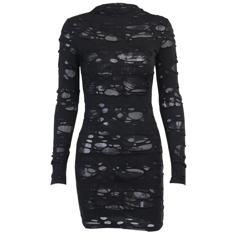 Gothic Black Long Sleeve Ripped Bodycon mini dress