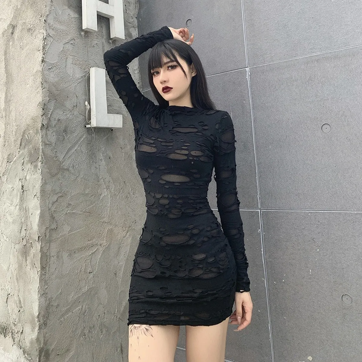 Gothic Black Long Sleeve Ripped Bodycon mini dress