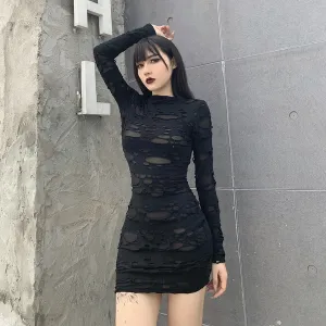 Gothic Black Long Sleeve Ripped Bodycon mini dress