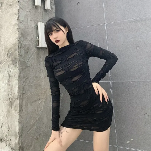 Gothic Black Long Sleeve Ripped Bodycon mini dress