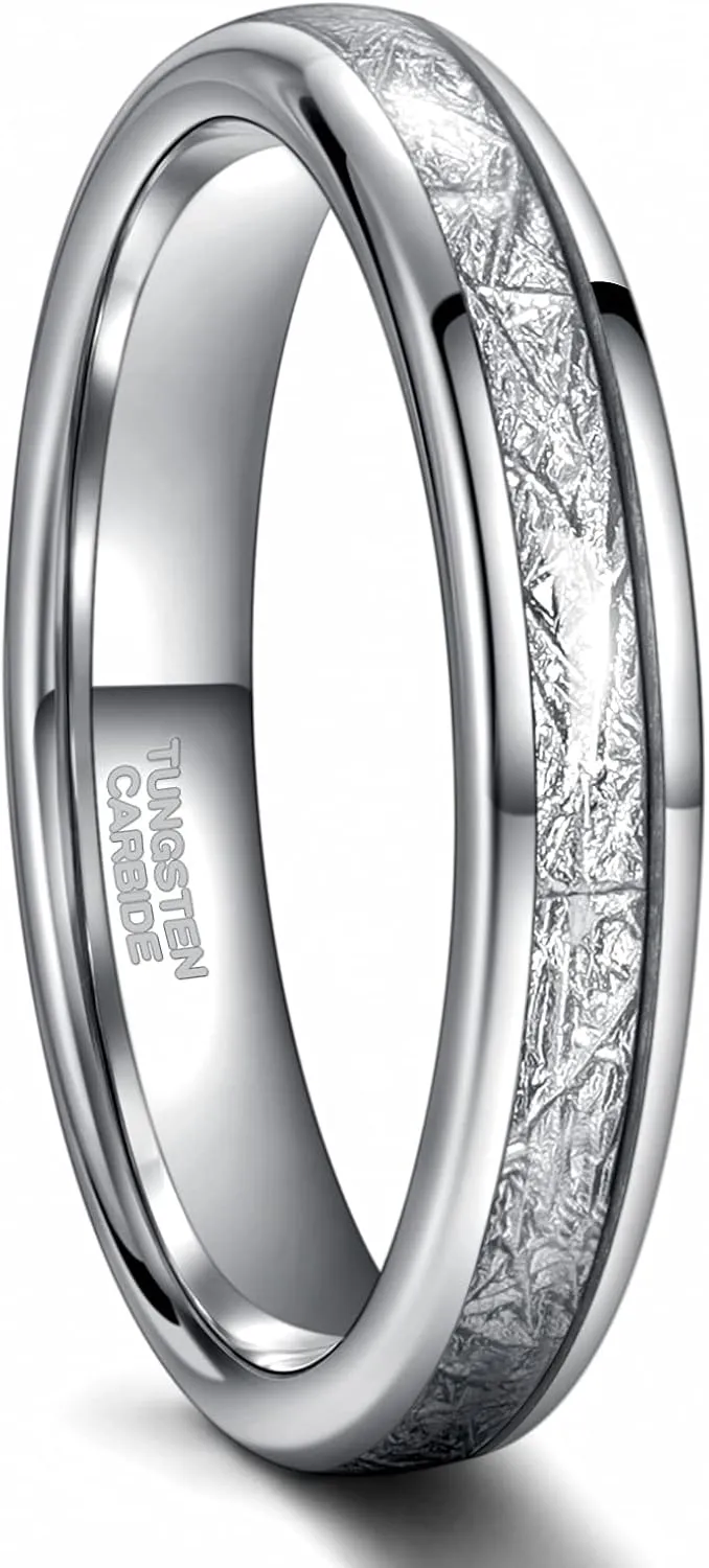 Greenpod 4mm 6mm 8mm Tungsten Rings for Men Women Silver Dome Polished Meteorite Inlay Ring Wedding Bands for Him Size 4-15