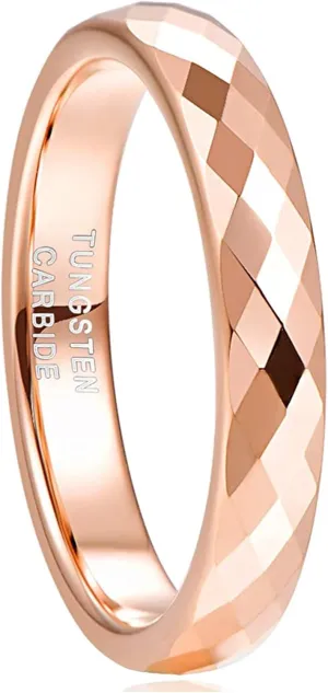 Greenpod 4MM Tungsten Carbide Rings Faceted Edge Dome Polished Rose Gold/Black/Gold/Silver Wedding Band Comfort Fit for Women Size 5-12