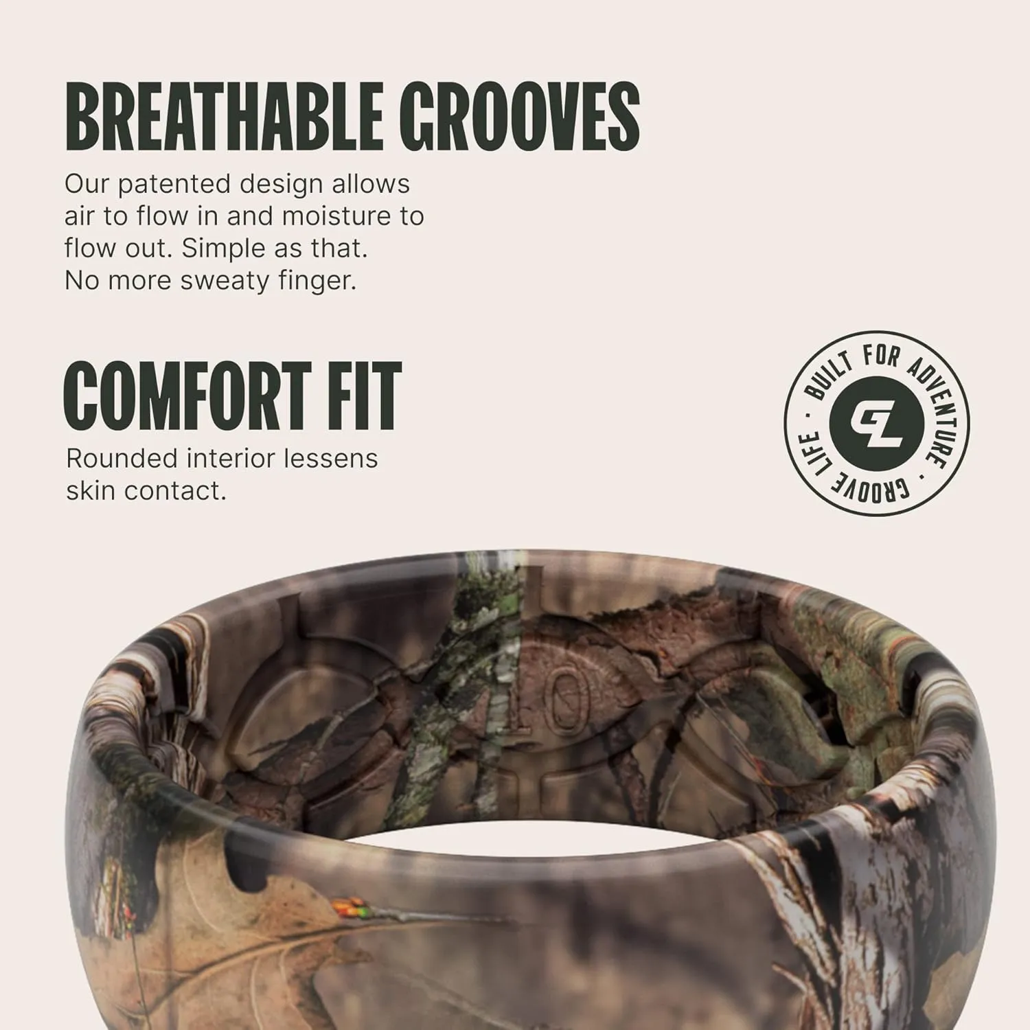 Groove Life Mossy Oak Camo Silicone Ring Breathable Rubber Wedding Rings for Men, Lifetime Coverage, Unique Design, Comfort Fit Ring