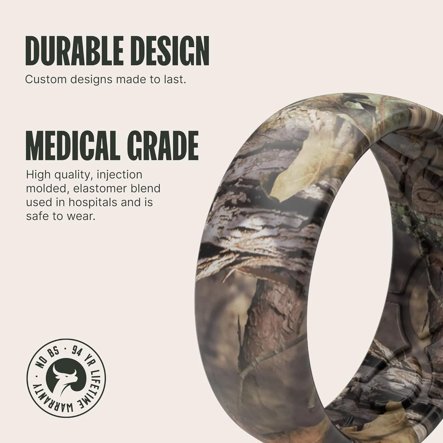 Groove Life Mossy Oak Camo Silicone Ring Breathable Rubber Wedding Rings for Men, Lifetime Coverage, Unique Design, Comfort Fit Ring