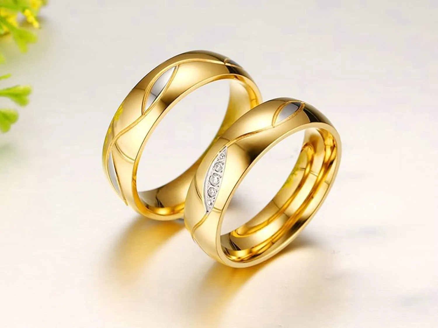 Gualiy Couples Promise Rings Stainless Steel 6MM Polished Cubic Zirconia Wedding Rings and Bands for Women and Men Gold Rings Size 5-12