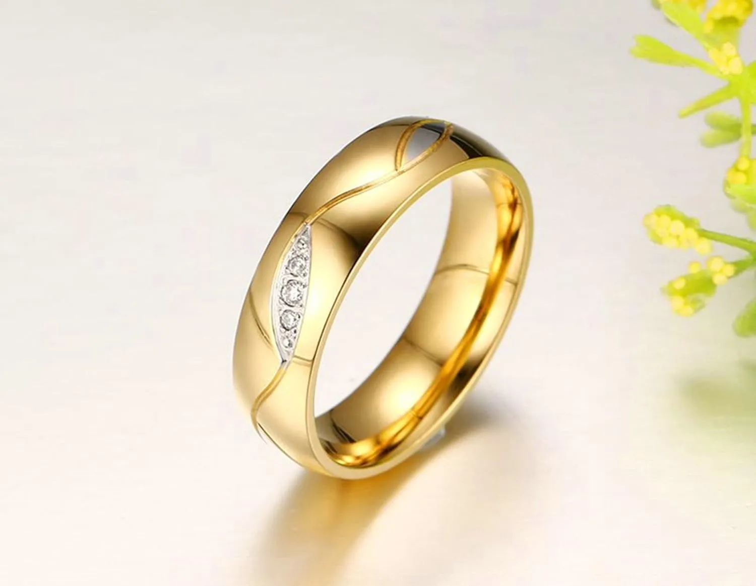 Gualiy Couples Promise Rings Stainless Steel 6MM Polished Cubic Zirconia Wedding Rings and Bands for Women and Men Gold Rings Size 5-12