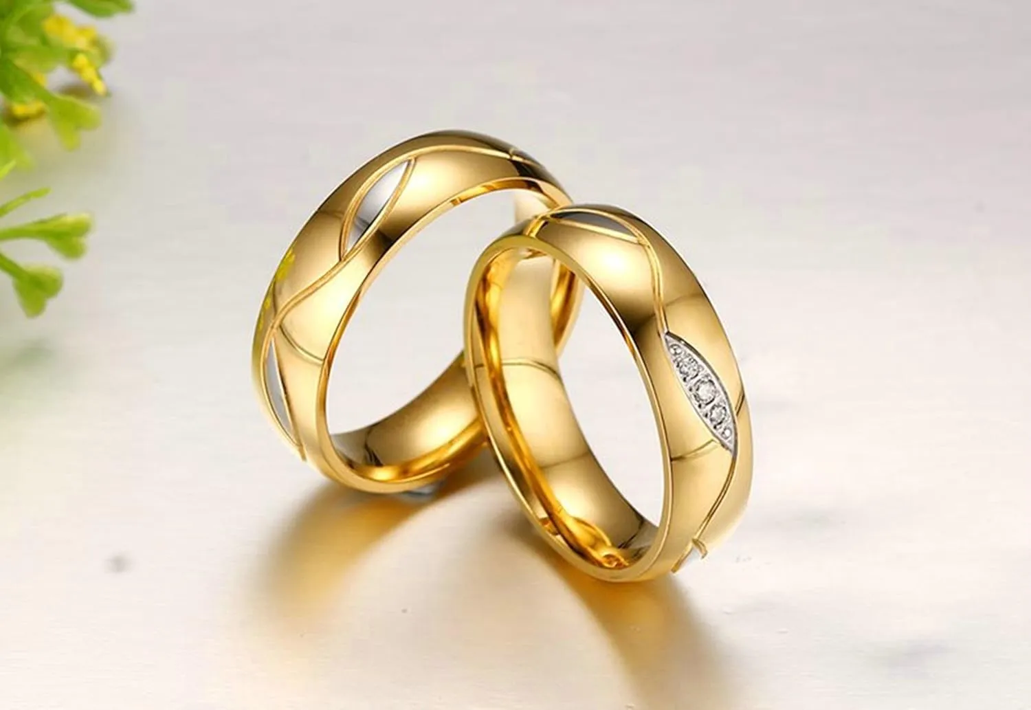 Gualiy Couples Promise Rings Stainless Steel 6MM Polished Cubic Zirconia Wedding Rings and Bands for Women and Men Gold Rings Size 5-12
