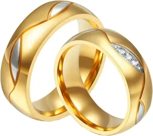 Gualiy Couples Promise Rings Stainless Steel 6MM Polished Cubic Zirconia Wedding Rings and Bands for Women and Men Gold Rings Size 5-12
