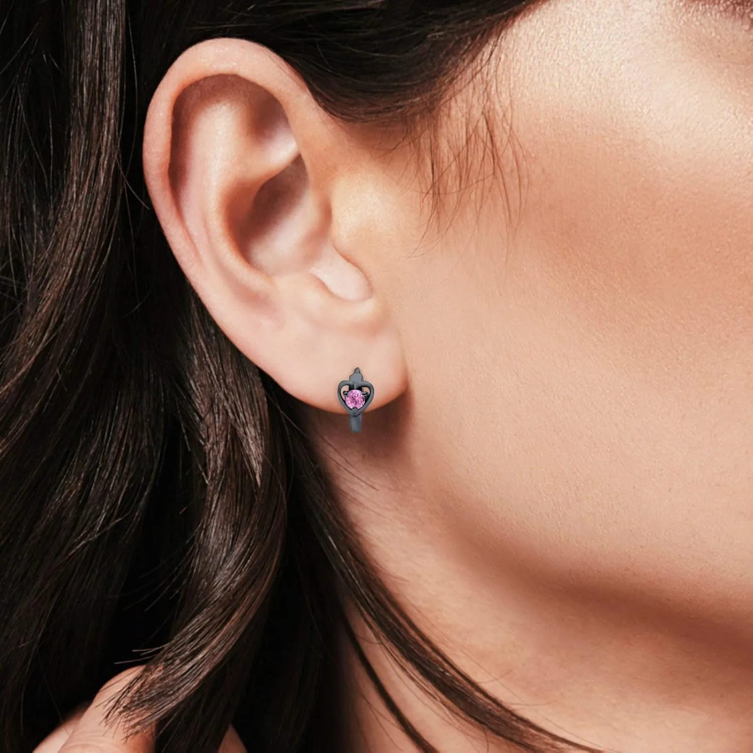 Heart Huggie Earrings Round Pink Topaz CZ 925 Sterling Silver