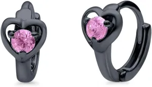Heart Huggie Earrings Round Pink Topaz CZ 925 Sterling Silver