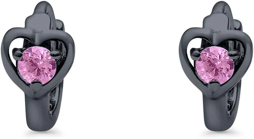 Heart Huggie Earrings Round Pink Topaz CZ 925 Sterling Silver