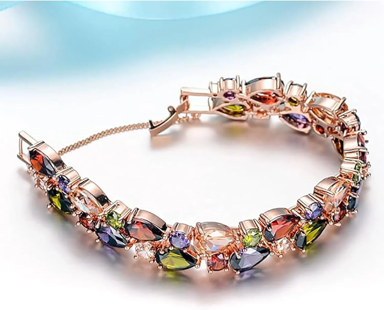 Hermosa 14K Rose Gold Plated Bracelets, Multicolor Cubic Zirconia Classic Tennis Bracelet | Rose Gold Bracelets for Women | Size 7-8 Inch
