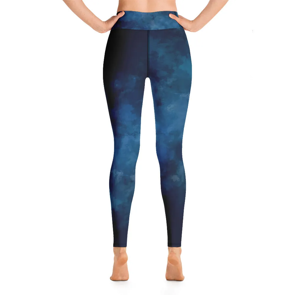 High waist Yoga leggings-Blue Watercolor Print