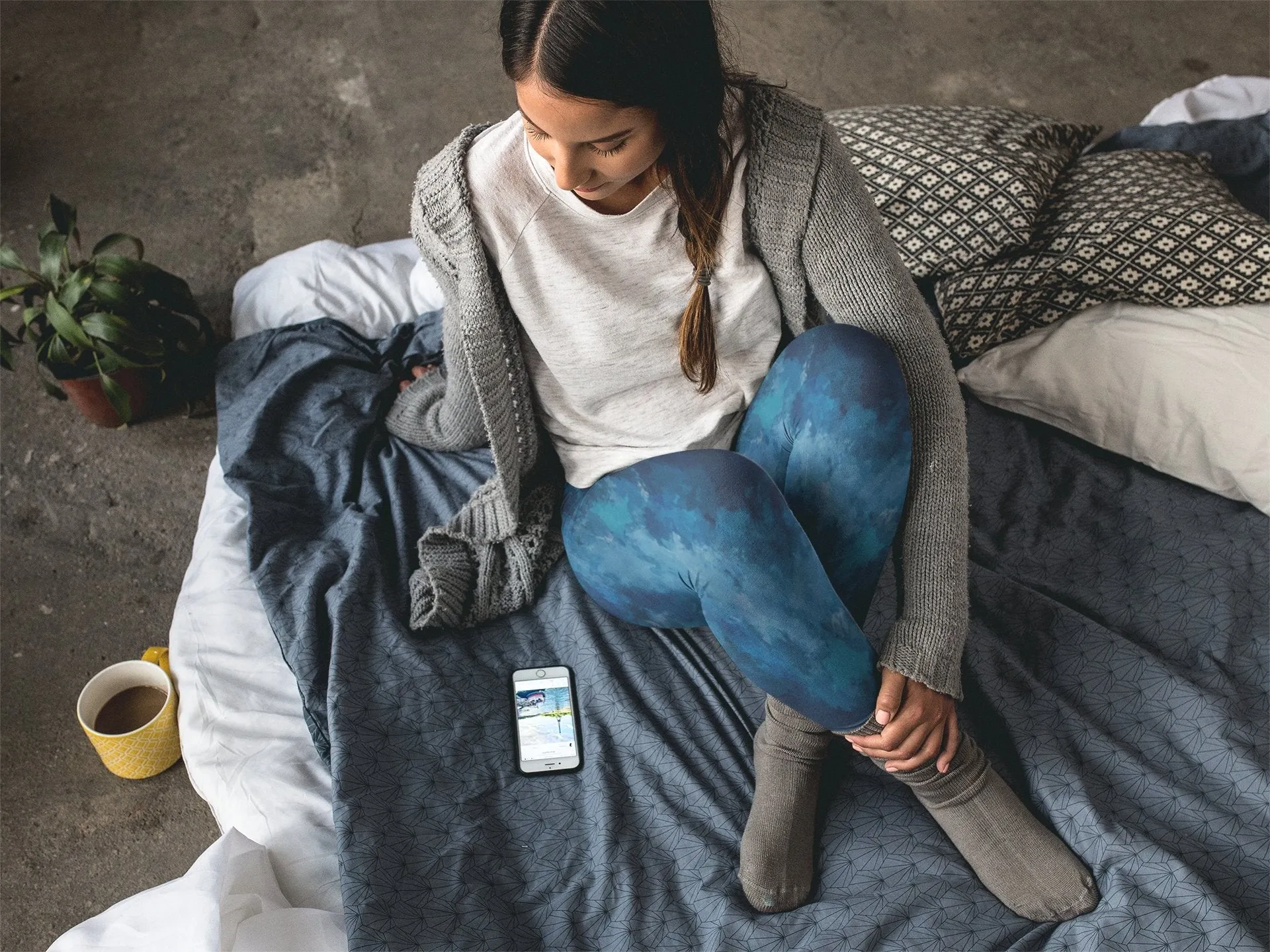 High waist Yoga leggings-Blue Watercolor Print